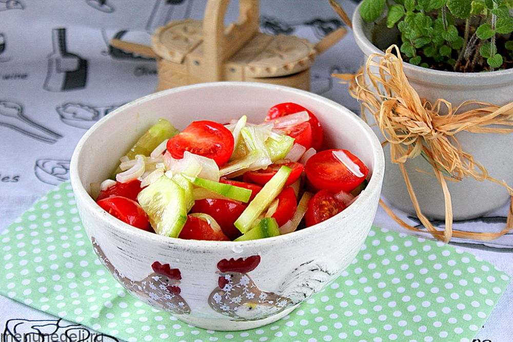 Салат из помидоров и огурцов с репчатым луком и растительным маслом как в детском саду
