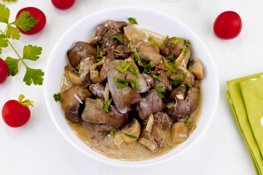 Куриная печень с грибами и луком на сковороде